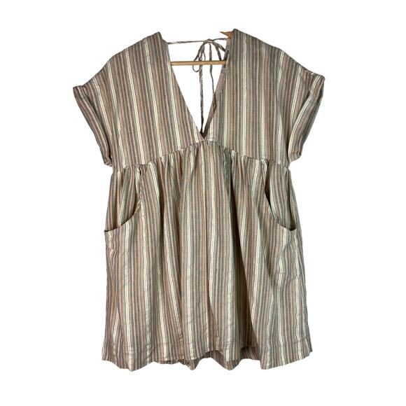 Urban Outfitters Women's M Striped Linen Blend Tie Back Boho Mini Shift Dress - Picture 1 of 8